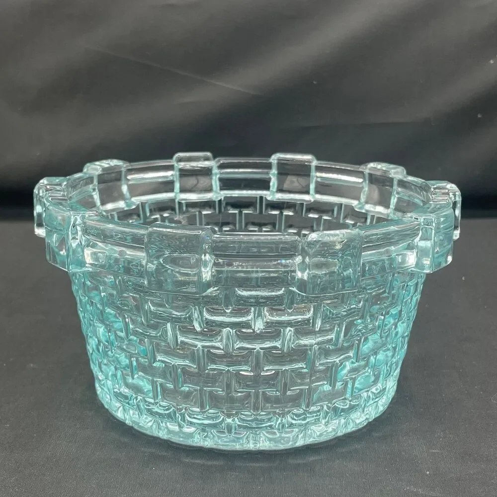 Vintage Blue Glass Basket Weave Bowl Aqua Seafoam Textured Candy Dish